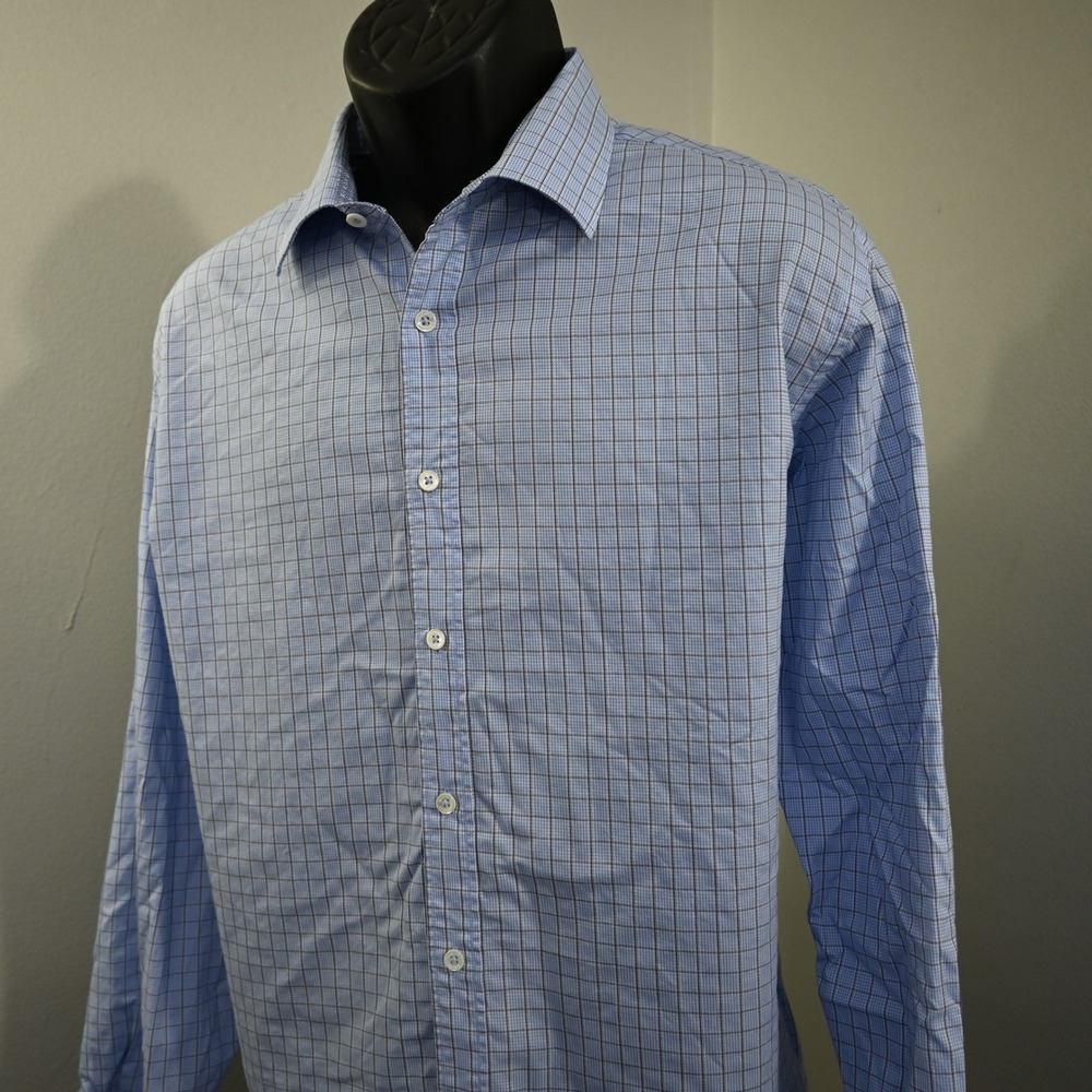 Bugatchi Button Up Mens XL Classic Fit Blue Gray Plaid Long Sleeve Shirt